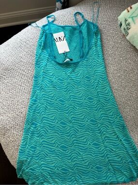 Zara Teal Wave-Pattern Swim Coverup